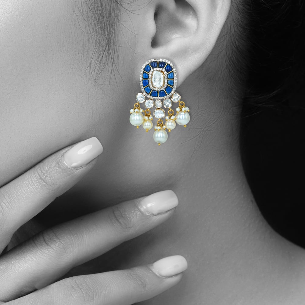 Polki Earrings with Blue Talaf and Pearl Clusters